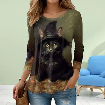 Женские осенние топы с принтом волшебного кота, повседневная футболка с длинным рукавом, топ, блузка XS зелёный