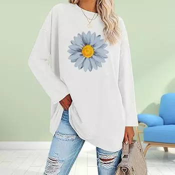 Женские осенние топы с принтом желтой хризантемы, повседневная футболка с длинным рукавом, топ, блузка XS белый