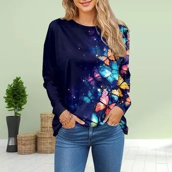 Женские осенние топы с принтом «Золотая бабочка» Повседневная футболка с длинным рукавом Топ Блузка XS фиолетовый