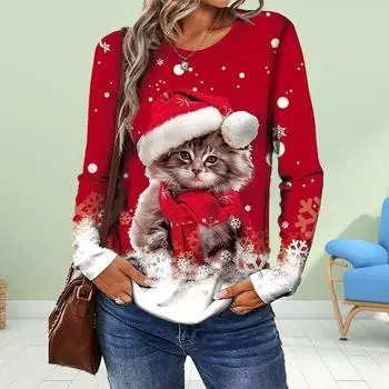 Женские осенние топы с рождественским принтом кота, повседневная футболка с длинным рукавом, топ, блузка XS красный