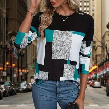 Женские осенние топы с зеленым мозаичным принтом в стиле кэжуал с длинным рукавом, топ, блузка 5XL серый