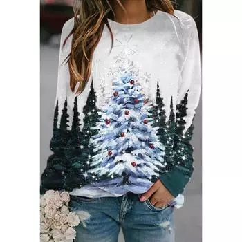 Женские осенние топы, свободная футболка с белым котом и принтом рождественской елки, повседневная футболка с длинными рукавами, топ, блузка XS синий