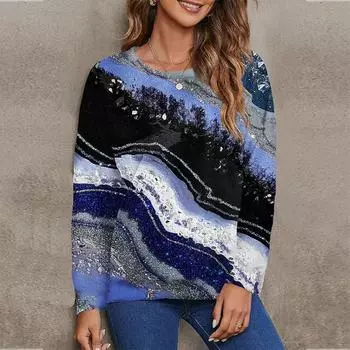 Женские осенние топы, свободная футболка с блестящим принтом кота и длинным рукавом, верхняя блузка XS синий