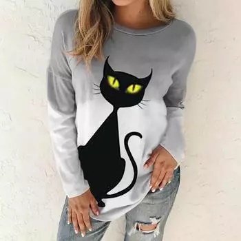 Женские осенние топы, свободная футболка с черным котом и принтом кота, повседневная футболка с длинными рукавами, топ, блузка XS синий