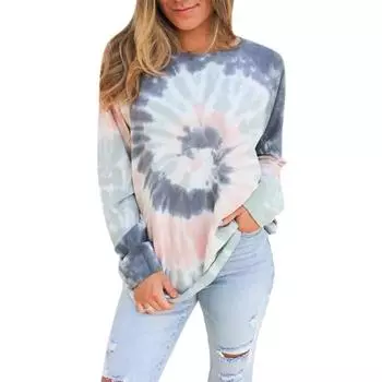 Женские осенние топы, свободная футболка с цветным рисунком кота и принтом, повседневная футболка с длинными рукавами, топ, блузка XS синий