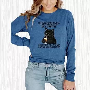 Женские осенние топы, свободная футболка с длинными рукавами и принтом кота, блузка XS синий