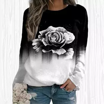 Женские осенние топы, свободная футболка с красивым пейзажем и принтом кота, повседневная футболка с длинными рукавами, топ, блузка XS чёрный