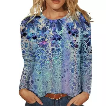 Женские осенние топы, свободная футболка с красивым пейзажем и принтом кота, повседневная футболка с длинными рукавами, топ, блузка XS синий