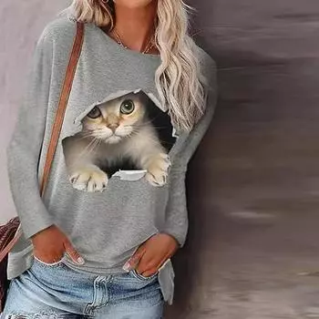 Женские осенние топы, свободная футболка с милым котом и принтом кота, повседневная футболка с длинными рукавами, топ, блузка XS чёрный