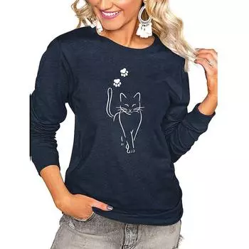 Женские осенние топы, свободная футболка с милым котом и принтом кота, повседневная футболка с длинными рукавами, топ, блузка XS чёрный