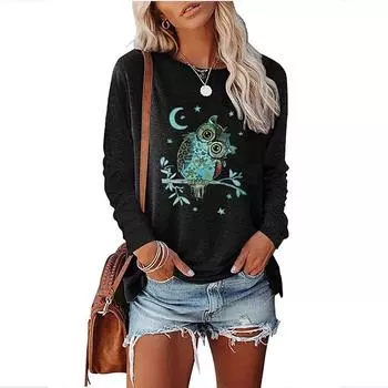 Женские осенние топы, свободная футболка с милым принтом совы и длинным рукавом, верхняя блузка XS чёрный