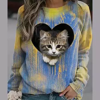 Женские осенние топы, свободная футболка с милым котом и принтом кота, повседневная футболка с длинными рукавами, топ, блузка XS синий