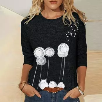 Женские осенние топы, свободная футболка с милым котом и принтом кота, повседневная футболка с длинными рукавами, топ, блузка XS чёрный