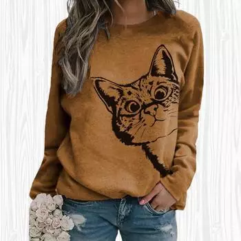 Женские осенние топы, свободная футболка с милым котом и принтом кота, повседневная футболка с длинными рукавами, топ, блузка XS синий