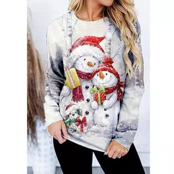 Женские осенние топы, свободная футболка с милым котом и принтом снеговика, повседневная футболка с длинными рукавами, топ, блузка XS синий