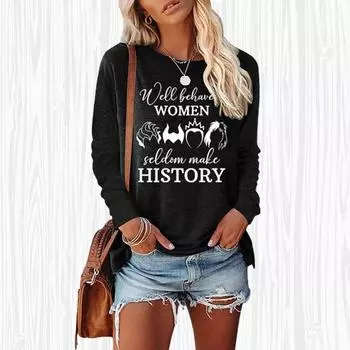 Женские осенние топы, свободная футболка с монограммой и принтом кота, повседневная футболка с длинными рукавами, топ, блузка XS чёрный