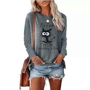 Женские осенние топы, свободная футболка с принтом «Жареный кот», повседневная футболка с длинными рукавами, топ, блузка XS синий