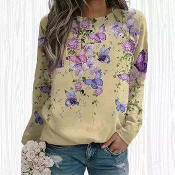 Женские осенние топы, свободная футболка с принтом летающей бабочки и кота, повседневная футболка с длинными рукавами, топ, блузка XS синий