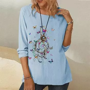 Женские осенние топы, свободная футболка с принтом летающей бабочки и кота, повседневная футболка с длинными рукавами, топ, блузка XS синий