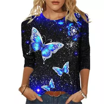 Женские осенние топы, свободная футболка с принтом летающей бабочки и кота, повседневная футболка с длинными рукавами, топ, блузка XS чёрный