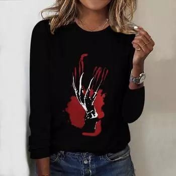 Женские осенние топы, свободная футболка с принтом кота, повседневная футболка с длинным рукавом, верхняя блузка XS красный