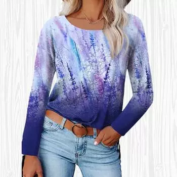 Женские осенние топы, свободная футболка с принтом лаванды и котом, повседневная футболка с длинными рукавами, топ, блузка XS синий