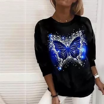 Женские осенние топы, свободная футболка с принтом светящейся бабочки и котом, повседневная футболка с длинными рукавами, топ, блузка XS синий