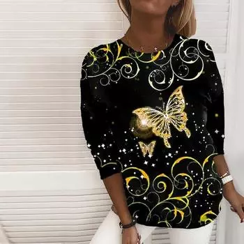 Женские осенние топы, свободная футболка с принтом светящейся бабочки и котом, повседневная футболка с длинными рукавами, топ, блузка XS синий