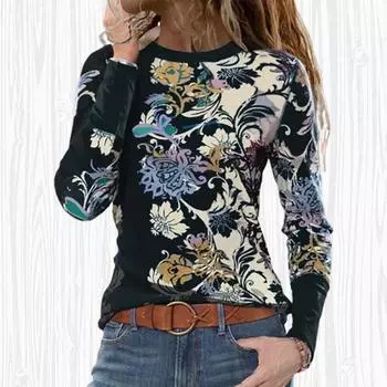 Женские осенние топы, свободная футболка с рисунком кота в стиле ретро, повседневная футболка с длинными рукавами, топ, блузка XS чёрный