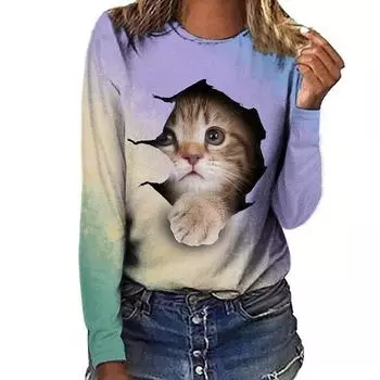 Женские осенние топы, свободная футболка с рисунком кота и принтом кота, повседневная футболка с длинными рукавами, топ, блузка XS чёрный