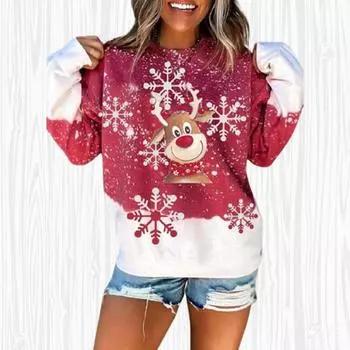 Женские осенние топы, свободная футболка с рождественским оленем и принтом кота, повседневная футболка с длинными рукавами, топ, блузка XS синий