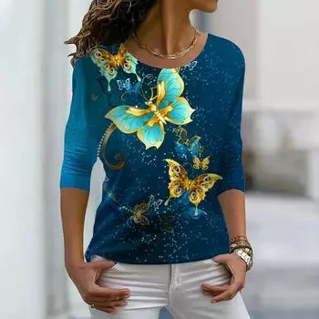 Женские осенние топы, свободные бабочки, подсолнухи, повседневные футболки с длинными рукавами, топы, блузки XS синий