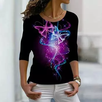 Женские осенние топы, свободные фиолетовые изогнутые принты бабочки, повседневная футболка с длинным рукавом, верхняя блузка XS розовый