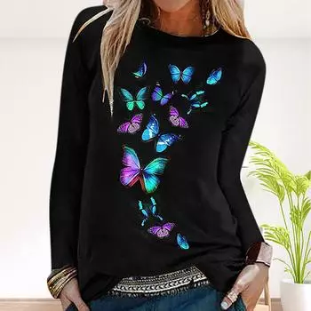 Женские осенние топы, свободные кошачьи красивые принты бабочек, повседневная футболка с длинными рукавами, топ, блузка XS чёрный