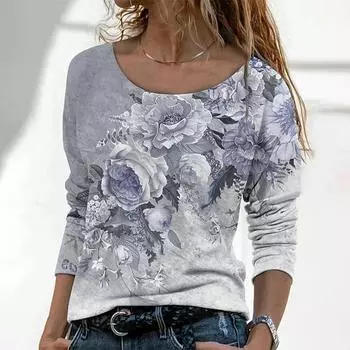 Женские осенние топы, свободные кошки, красивая роза с принтом, повседневная футболка с длинными рукавами, топ, блузка XS синий