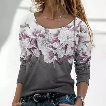 Женские осенние топы, свободные кошки, красивый цветочный принт, повседневная футболка с длинными рукавами, топ, блузка XS синий