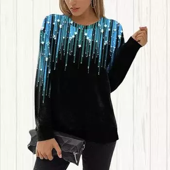 Женские осенние топы, свободные кошки, красочные метеоритные принты, повседневная футболка с длинными рукавами, топ, блузка XS синий