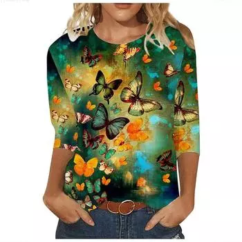 Женские осенние топы, свободные кошки, красочные принты бабочек, повседневная футболка с длинными рукавами, топ, блузка XS синий