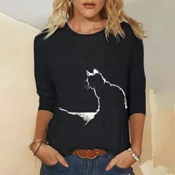 Женские осенние топы, свободные коты, разные кошки, принт, повседневная футболка с длинными рукавами, топ, блузка XS чёрный
