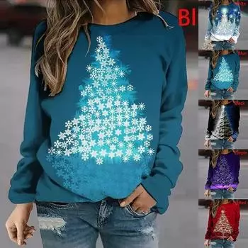 Женские осенние топы, свободные красочные принты «Рождественская елка», повседневная футболка с длинным рукавом, верхняя блузка XS чёрный