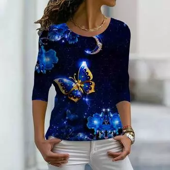 Женские осенние топы, свободные повседневные футболки с длинными рукавами и принтом бабочки и луны, блузка XS розовый