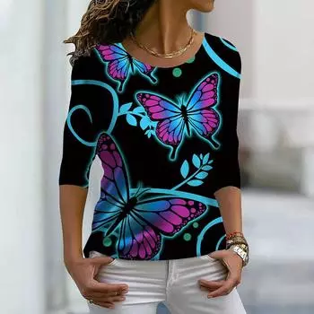 Женские осенние топы, свободные, с принтом в виде бабочек и граффити, повседневные футболки с длинными рукавами, топы и блузки XS розовый