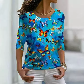 Женские осенние топы, свободные синие красивые принты бабочек, повседневная футболка с длинными рукавами, верхняя блузка XS розовый