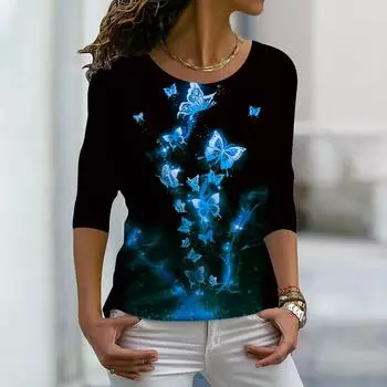 Женские осенние топы, свободные синие кристальные бабочки с принтом, повседневная футболка с длинными рукавами, верхняя блузка XS фиолетовый