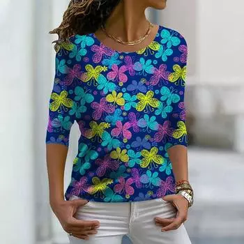 Женские осенние топы, свободные, синие, с принтом бабочек на весь экран, повседневные, с длинным рукавом, футболка, топ, блузка XS розовый