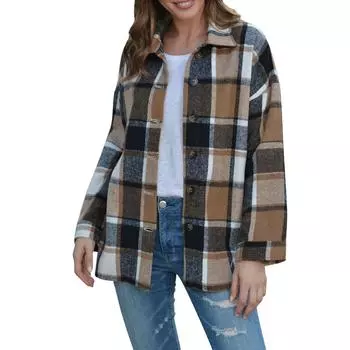 Женские осенние топы, женские длинные клетчатые жакеты из шерстяной смеси, рубашки на пуговицах, пальто с карманами XXL хаки