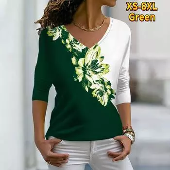Женские осенние великолепные креповые футболки с цветочным принтом и цветами мирта, свободные футболки с длинными рукавами и v-образным вырезом, большие размеры, топы, удобная блузка S серый