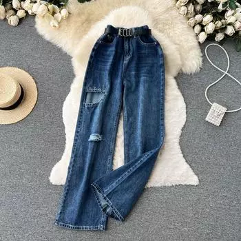 Женские осенние винтажные свободные прямые прямые тонкие рваные джинсы RUGOD