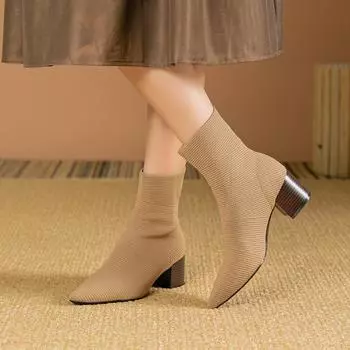 Женские остроносые ботильоны-носки на низком толстом блочном каблуке, эластичные короткие ботильоны, удобные женские трикотажные ботинки «Челси» 34 чёрный