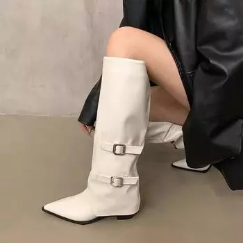 Женские остроносые ботинки челси, туфли на среднем каблуке до колена, зимняя дизайнерская обувь 2024 года, туфли-лодочки, сексуальное платье, Mujer Zapatos 35 бежевый